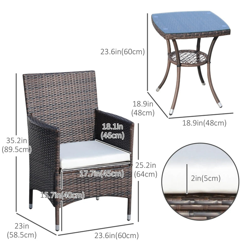 Outsunny 3 Pieces Wicker Patio Furniture Set, Rattan Bistro Set with Glass Top Coffee Table and Cushions, Outdoor Conversation Set for Garden, Porch, Balcony, Coffee
