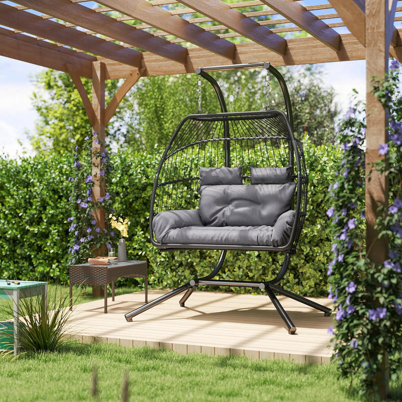 Outsunny Double Wicker Egg Swing Chair with Stand, Foldable Hanging Egg Chair with UV Resistant Cushion, Headrest, Dark Grey