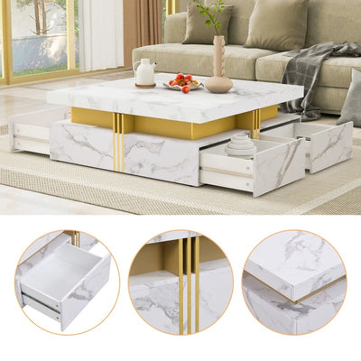 Modern Square Storage Coffee Table with 4 Drawers, MDF Construction, Ample Storage with Four Drawers, 33.5" L x 33.5" W x 16.5" H, White