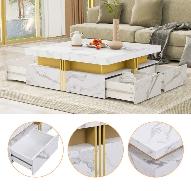 Modern Square Storage Coffee Table with 4 Drawers, MDF Construction, Ample Storage with Four Drawers, 33.5" L x 33.5" W x 16.5" H, White