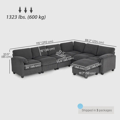 HOMCOM Modular Sectional Sofa, Oversized U-Shaped Couch with Spring Cushion, Corduroy Sofa for Living Room, Charcoal Grey