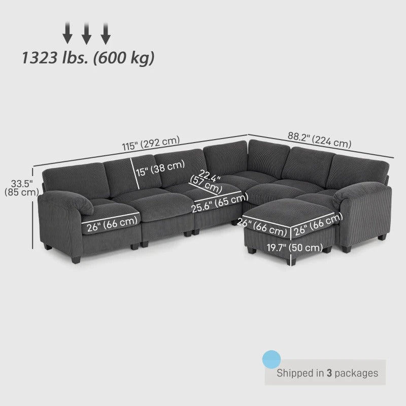 HOMCOM Modular Sectional Sofa, Oversized U-Shaped Couch with Spring Cushion, Corduroy Sofa for Living Room, Charcoal Grey