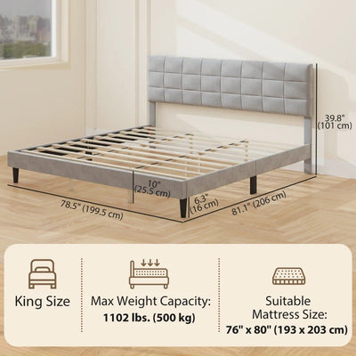 HOMCOM King Size Bed Frame with Upholstered Headboard, Modern Platform Bed Frame with Wood Slats, 1100 lbs Capacity, Grey