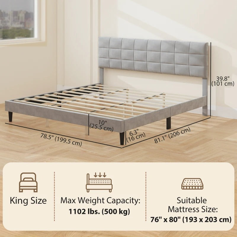 HOMCOM King Size Bed Frame with Upholstered Headboard, Modern Platform Bed Frame with Wood Slats, 1100 lbs Capacity, Grey