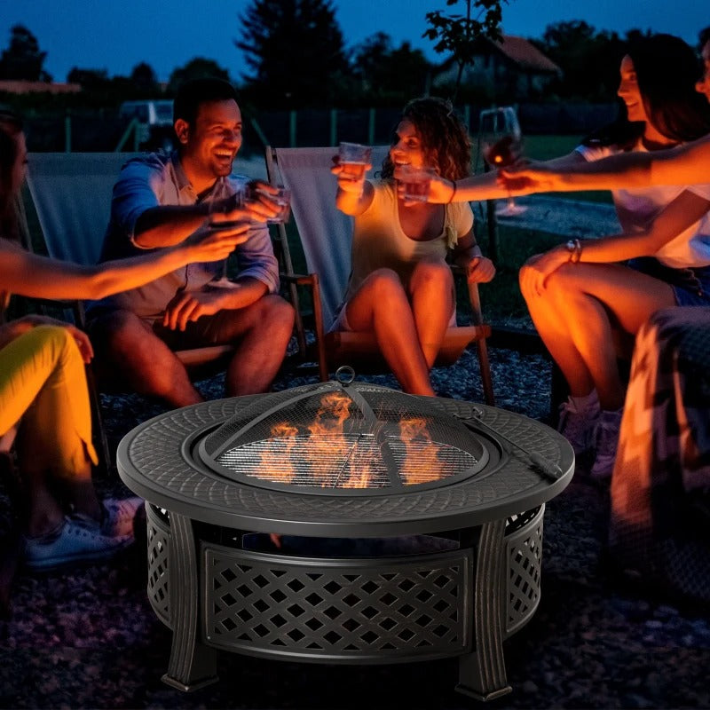 Outsunny Outdoor Fire Pit, Firepit with Grill Net, Mesh Lid, Poker, for Camping, Bonfire, Picnic, Bronze
