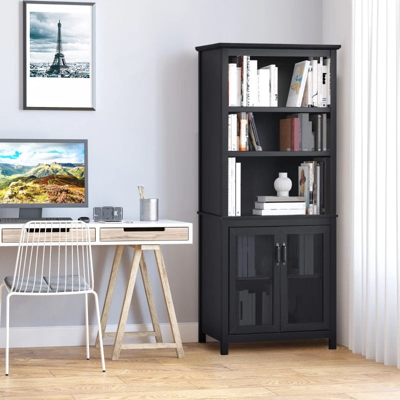 HOMCOM 3-Tier Multifunctional Bookcase, Storage Bookshelf, Display Shelves with Glass Doors, Open Compartments and Adjustable Shelves for Home Office, Living Room, Study, Black