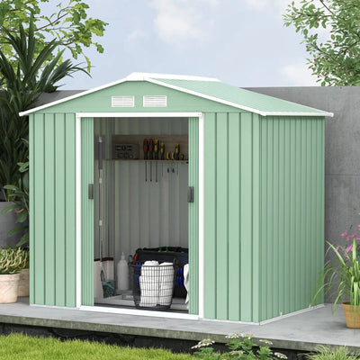 Outsunny 7' x 4' x 6' Garden Storage Shed Outdoor Patio Metal Tool Storage House w Foundation Kit and Double Doors Light Green