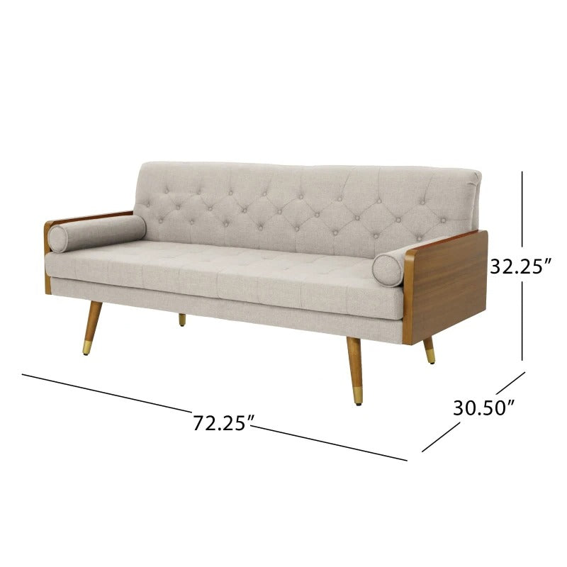 Mid-Century Modern Tufted Fabric Sofa with Rolled Accent Pillows, Daybed with Gold Tipped Rubberwood Legs, 72&