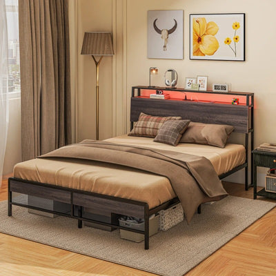 HOMCOM Queen Size Bed Frame with LED Lights and Charging Station, Queen Bed Frame with Storage Headboard, Noise-Free, Walnut