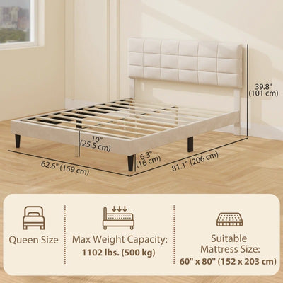 HOMCOM Queen Size Bed Frame with Upholstered Headboard, Modern Platform Bed Frame with Wood Slats, 1100 lbs Capacity, Cream