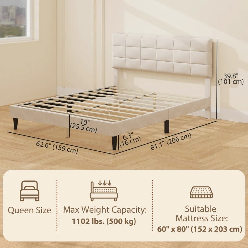 HOMCOM Queen Size Bed Frame with Upholstered Headboard, Modern Platform Bed Frame with Wood Slats, 1100 lbs Capacity, Cream