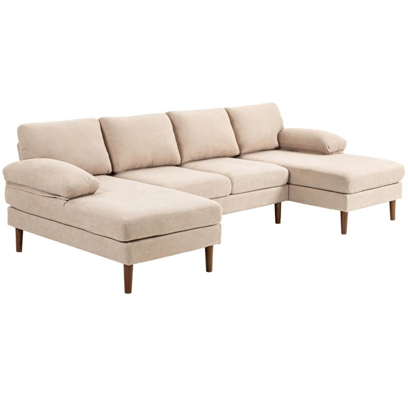 HOMCOM U Shape Couch with Double Chaise Lounge, Modern 4 Seater Sofa with Wooden Legs, Fabric Sofa for Living Room, Beige