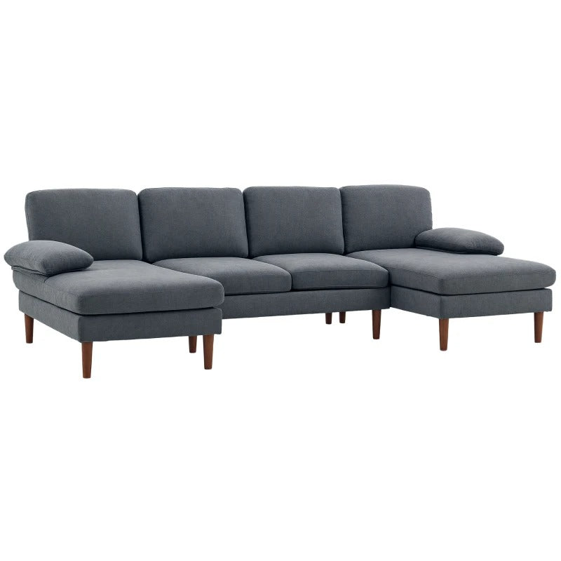 HOMCOM U Shape Couch with Double Chaise Lounge, Modern 4 Seater Sofa with Wooden Legs, Fabric Sofa for Living Room, Dark Grey