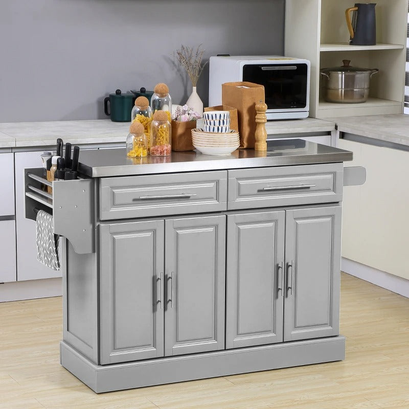 HOMCOM Rolling Kitchen Island with Storage and Stainless Steel Top, Kitchen Trolley with Drawers, Cabinets, Towel Rack