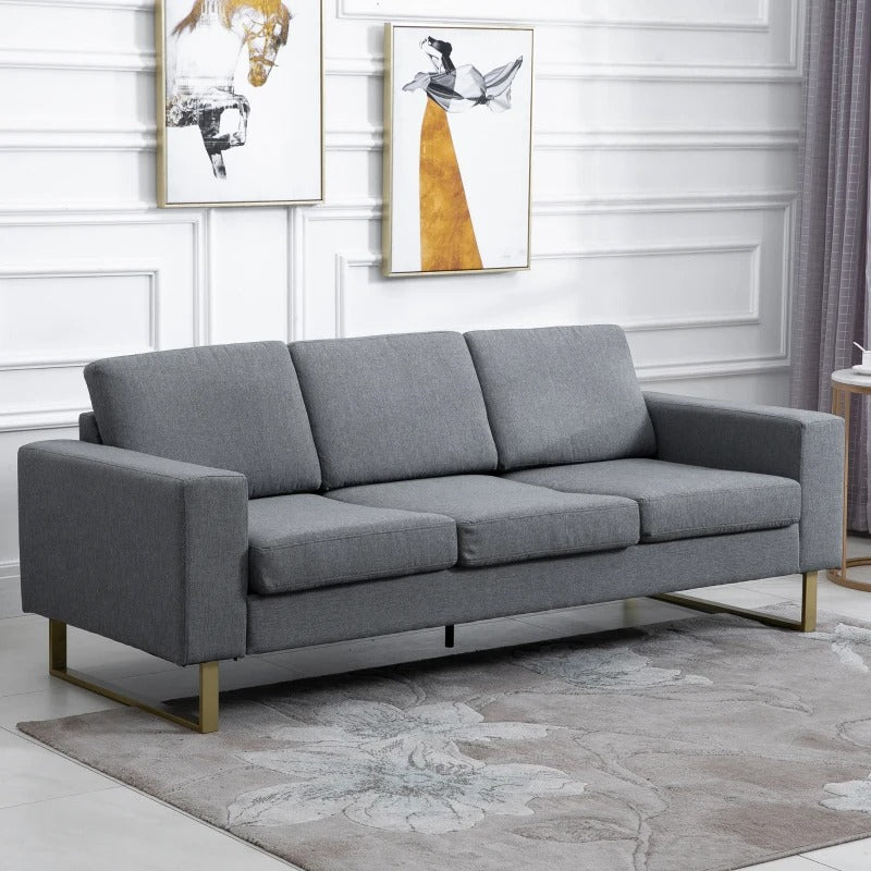 HOMCOM 3 Seater Sofa, Linen Upholstered Cozy Padded Couch with Steel Leg, Backrest and Wide Armrest, for Living room, Bedroom, Grey