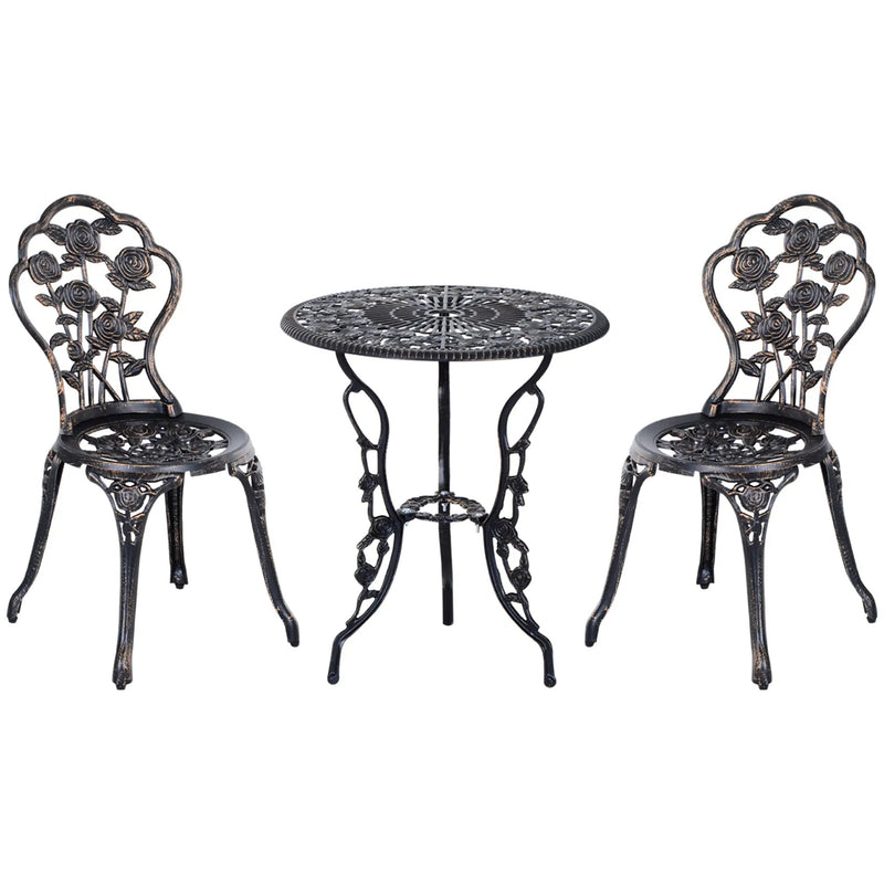 Outsunny 3 Pieces Aluminum Bistro Set, Bistro Table Set Outdoor Patio Furniture with Umbrella Hole, Patio Table and Chairs with Floral Patterns for Garden, Balcony, Porch, Bronze