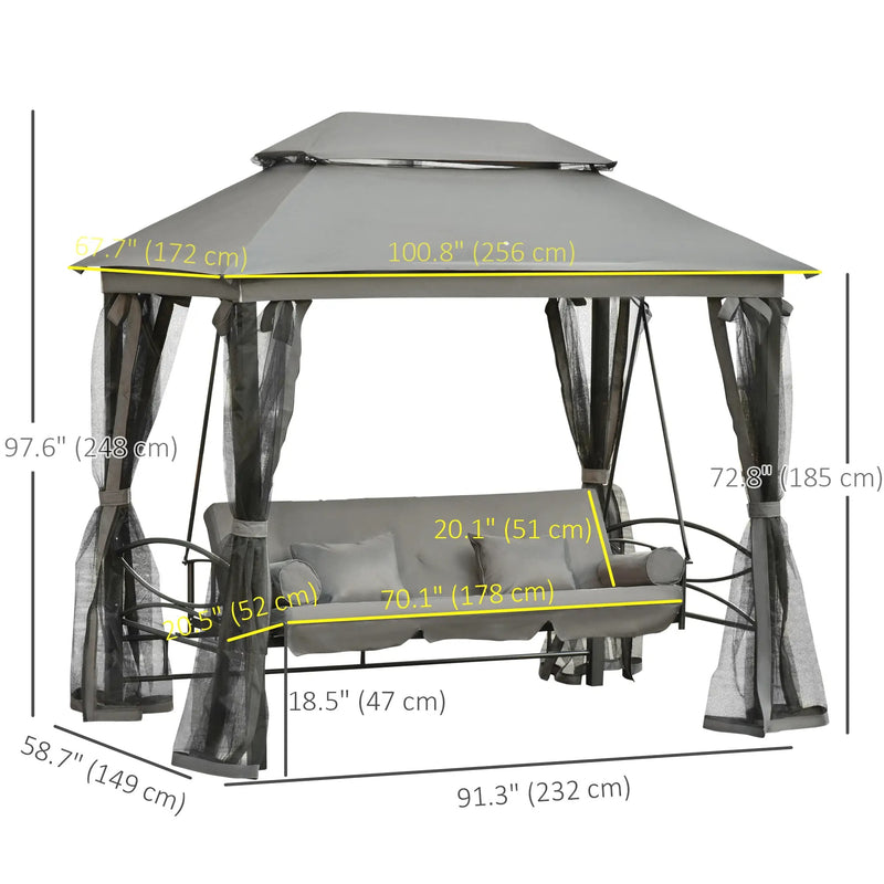 Outsunny 3 Person Outdoor Patio Daybed, 3 in 1 Canopy Gazebo Swing Chair Garden Hammock with Sun Shade, Mesh Mosquito and Net, Dark Grey