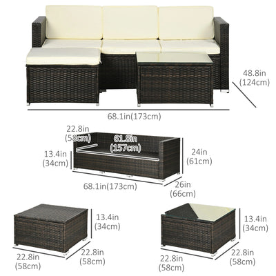 Outsunny 3 Pieces Patio Furniture Set with Cushions, Outdoor PE Rattan Wicker Conversation Corner Sofa Set with Glass Top Table and Adjustable Foot for Garden, Lawn, Cream White