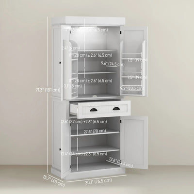 HOMCOM 71" Kitchen Pantry Cabinet with LED Lights, 6 Spice Racks, a Drawer and 4 Adjustable Shelves, White