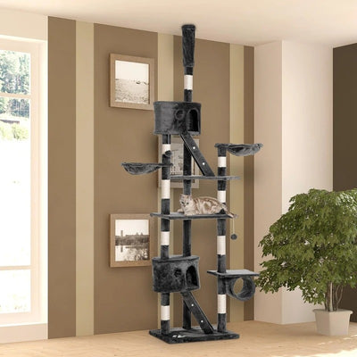 PawHut 94-102 Floor to Ceiling Cat Tree High Cat Condo Scratching Post Activity Center Multi-Level Play House Dark Grey