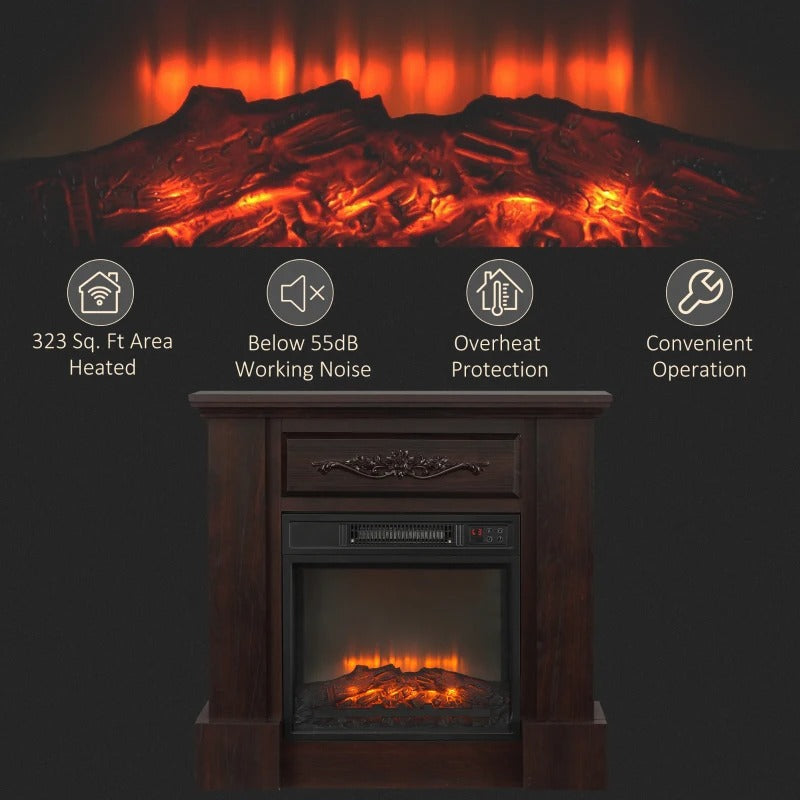 HOMCOM Electric Fireplace with Mantel, Freestanding Heater Corner Firebox with Log Hearth and Remote Control, 1400W, Brown