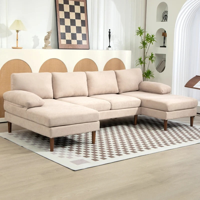 HOMCOM U Shape Couch with Double Chaise Lounge, Modern 4 Seater Sofa with Wooden Legs, Fabric Sofa for Living Room, Beige