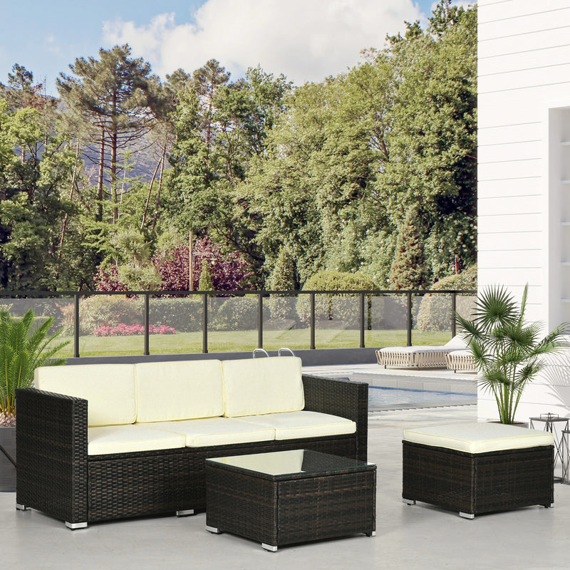 Outsunny 3 Pieces Patio Furniture Set with Cushions, Outdoor PE Rattan Wicker Conversation Corner Sofa Set with Glass Top Table and Adjustable Foot for Garden, Lawn, Cream White