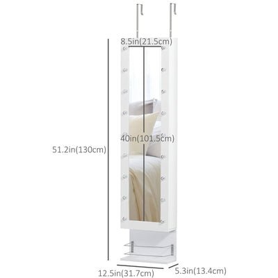 HOMCOM Jewelry Armoire with Mirror, Jewelry Cabinet with 18 LED Lights, Wall-Mounted and Over-The-Door Cabinet with 3 Mountable Heights, Drawer and Open Shelf, White