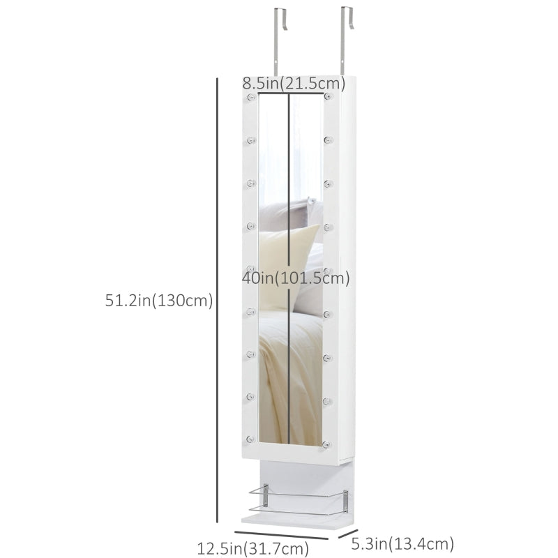 HOMCOM Jewelry Armoire with Mirror, Jewelry Cabinet with 18 LED Lights, Wall-Mounted and Over-The-Door Cabinet with 3 Mountable Heights, Drawer and Open Shelf, White