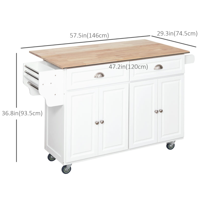HOMCOM Rolling Kitchen Island on Wheels Utility Cart with Drop-Leaf, Rubber Wood Countertop, Storage Drawers, Door Cabinets and Adjustable Shelves, White