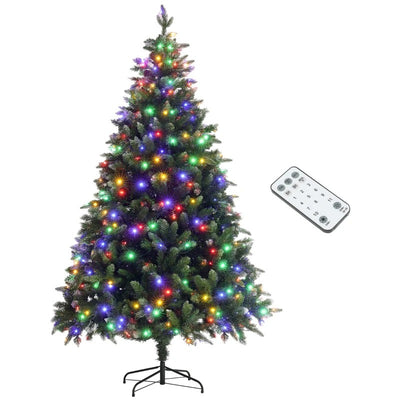 HOMCOM 7 Foot Prelit Artificial Christmas Tree with Dual Colour LED Light, Hinged Xmas Tree for Home Office Holiday