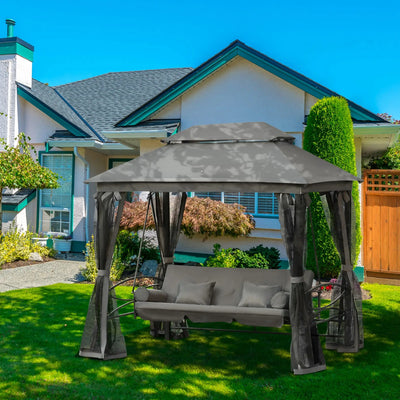 Outsunny 3 Person Outdoor Patio Daybed, 3 in 1 Canopy Gazebo Swing Chair Garden Hammock with Sun Shade, Mesh Mosquito and Net, Dark Grey