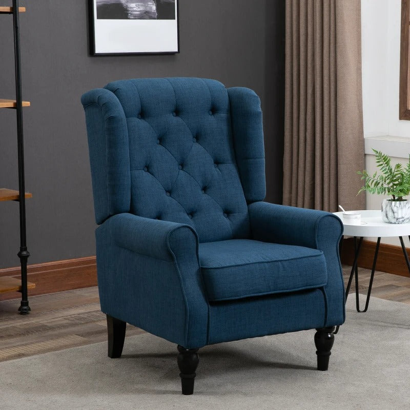 HOMCOM Fabric Accent Chair, Button Tufted Armchair, Modern Living Room Chair, Wingback Chair with Wood Legs, Rolled Arms, Thick Padding for Bedroom, Blue