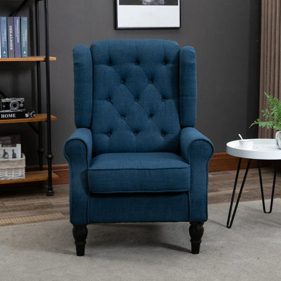 HOMCOM Fabric Accent Chair, Button Tufted Armchair, Modern Living Room Chair, Wingback Chair with Wood Legs, Rolled Arms, Thick Padding for Bedroom, Blue