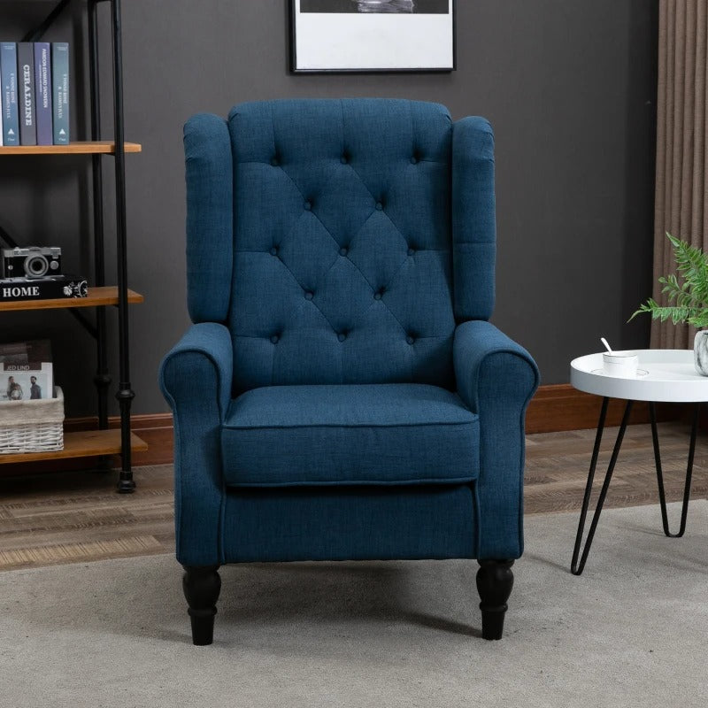 HOMCOM Fabric Accent Chair, Button Tufted Armchair, Modern Living Room Chair, Wingback Chair with Wood Legs, Rolled Arms, Thick Padding for Bedroom, Blue