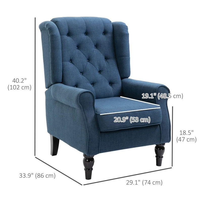 HOMCOM Fabric Accent Chair, Button Tufted Armchair, Modern Living Room Chair, Wingback Chair with Wood Legs, Rolled Arms, Thick Padding for Bedroom, Blue
