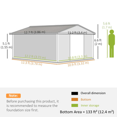 Outsunny 11' x 13' Practical Backyard Garden Storage Tool Shed Double Sliding Door 4 Ventilation Slots, Light Grey