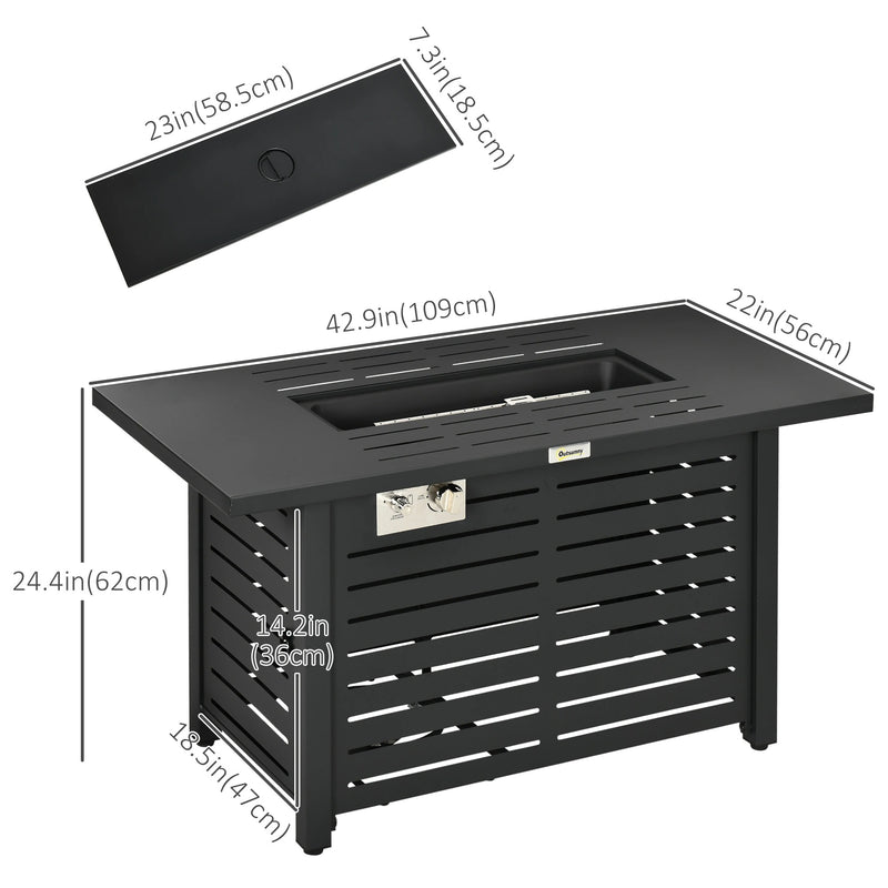 Outsunny Propane Gas Fire Pit Table, Outdoor Firepit with 43" Steel Tabletop and Lid, 50,000 BTU Pulse Ignition Fire Table w/ Stainless Steel Burner, Glass Wind Guard, and Cover