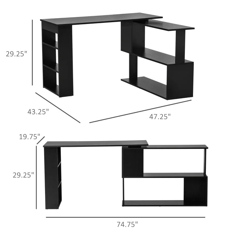 HOMCOM L Shaped Desk, 360° Rotating Corner Desk, Computer Writing Table Workstation with Storage Shelf for Home Office, Black