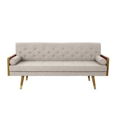 Mid-Century Modern Tufted Fabric Sofa with Rolled Accent Pillows, Daybed with Gold Tipped Rubberwood Legs, 72'' L x 30.5'' W x 32'' H, Beige