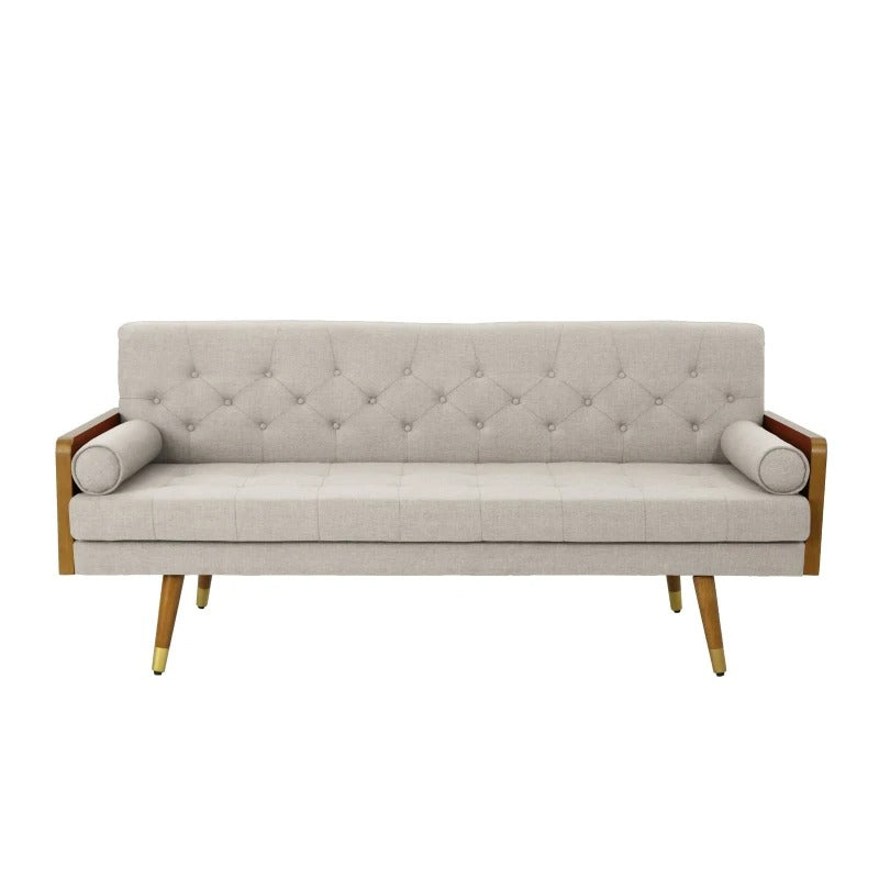 Mid-Century Modern Tufted Fabric Sofa with Rolled Accent Pillows, Daybed with Gold Tipped Rubberwood Legs, 72&