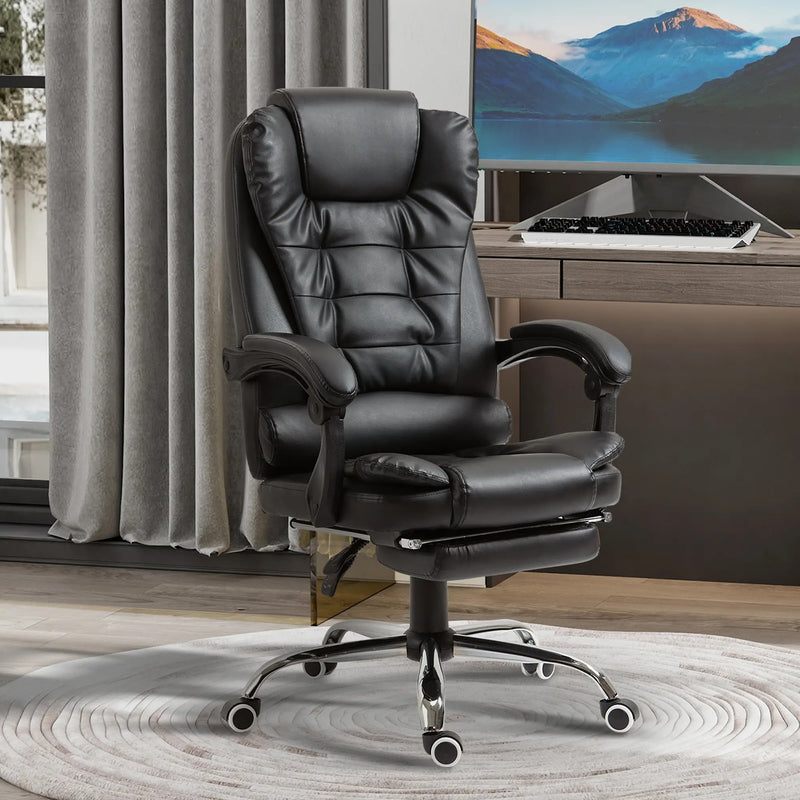 HOMCOM High Back Office Chair PU Leather Executive Office Chair with Retractable Footrest Padded Armrest Black