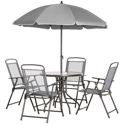 Outsunny 6 Pieces Outdoor Dining Set for 4 with Umbrella Patio Outdoor Furniture Set with Round Table 4 Folding Chairs Grey