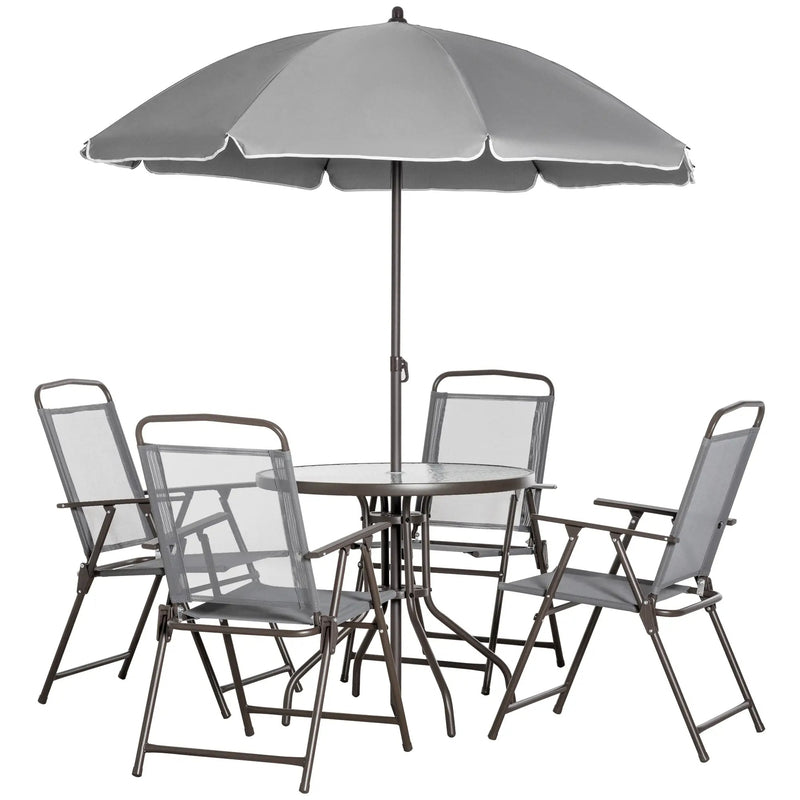 Outsunny 6 Pieces Outdoor Dining Set for 4 with Umbrella Patio Outdoor Furniture Set with Round Table 4 Folding Chairs Grey