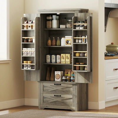 HOMCOM Farmhouse Kitchen Pantry Storage Cabinet, 64" Freestanding Kitchen Pantry Cabinet with Drawers, Distressed Grey