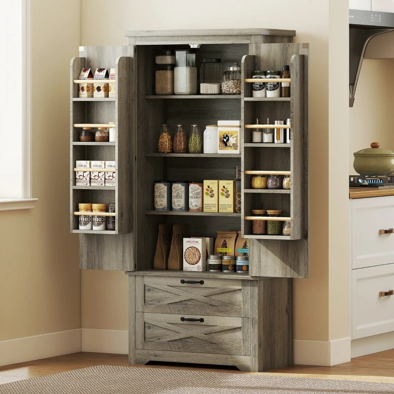 HOMCOM Farmhouse Kitchen Pantry Storage Cabinet, 64" Freestanding Kitchen Pantry Cabinet with Drawers, Distressed Grey