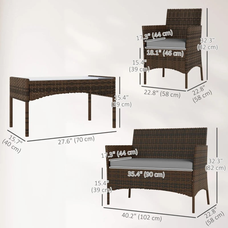 Outsunny 4 Pieces Wicker Outdoor Balcony Furniture Set Rattan Patio Furniture Set with Loveseat Chairs Glass Coffee Table Grey