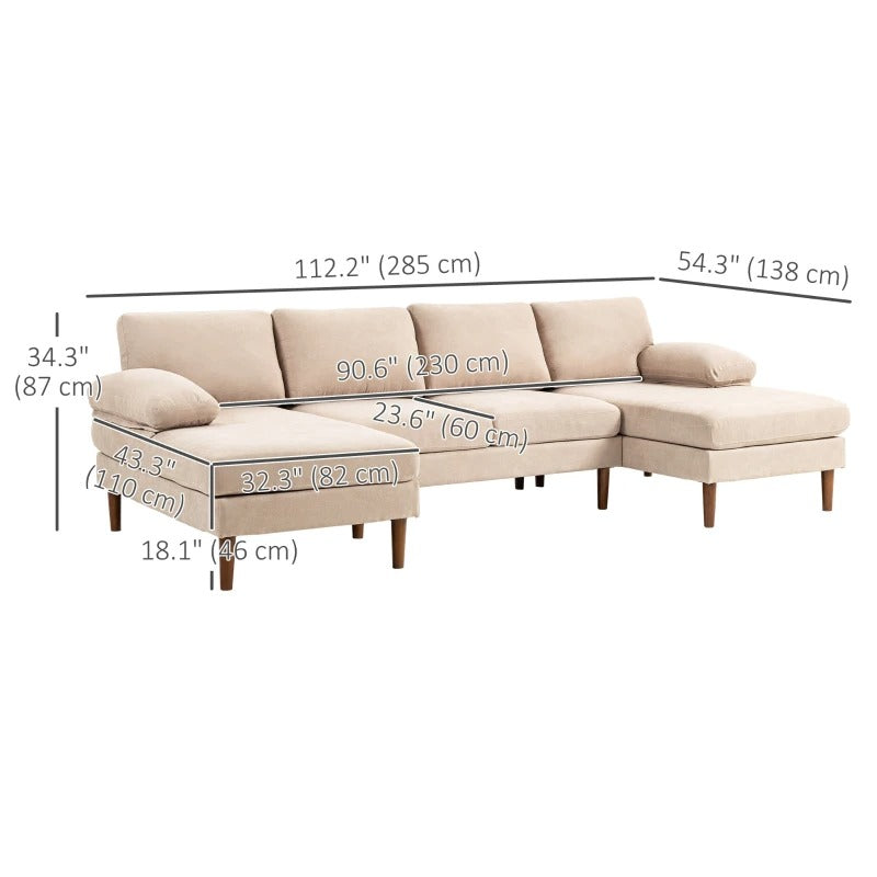 HOMCOM U Shape Couch with Double Chaise Lounge, Modern 4 Seater Sofa with Wooden Legs, Fabric Sofa for Living Room, Beige