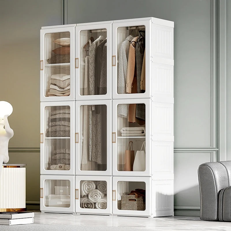 HOMCOM Portable Wardrobe Closet, Bedroom Armoire, Foldable Clothes Organizer with Cube Storage, Hanging Rods, Magnet Doors, White