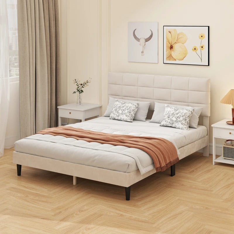 HOMCOM Queen Size Bed Frame with Upholstered Headboard, Modern Platform Bed Frame with Wood Slats, 1100 lbs Capacity, Cream